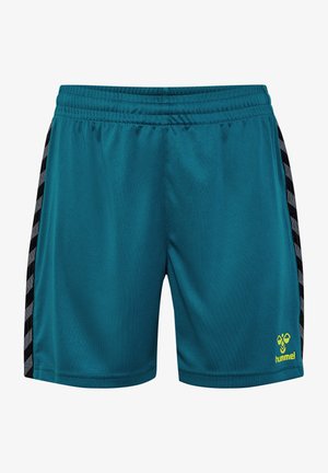 Teal sportsshorts lavet af glat stof med sorte sidelapper, der har et gentagende geometrisk mønster, samt et gult logo foran.