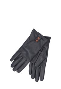 Czarne skórzane rękawiczki o gładkiej fakturze, z ozdobnym guzikiem przy mankiecie i dopasowanym krojem zapewniającym zakrycie palców.