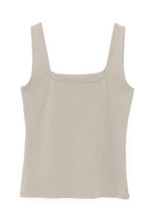 Camiseta sin mangas color beige con tirantes anchos y escote cuadrado, mostrada plana sobre un fondo blanco.