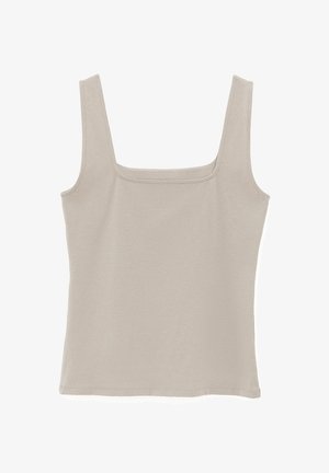 Camiseta sin mangas color beige con tirantes anchos y escote cuadrado, mostrada plana sobre un fondo blanco.