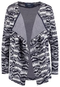 Námořnická cardigan s geometrickým bílým vzorem, otevřeným předním dílem a dlouhými rukávy. Vyrobena z texturované pleteniny.