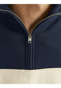 Primer plano de una prenda de color azul marino y beige con cremallera parcialmente cerrada, llevada en el cuello y la parte superior del pecho de una persona.