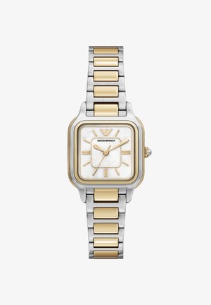 Orologio quadrato in acciaio inossidabile con lunetta color oro, quadrante in madreperla bianca, bracciale a maglie oro e argento e indicatori delle ore dorati.