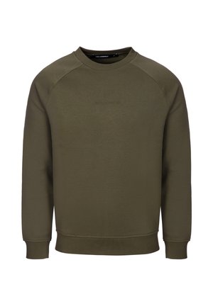 Olivgrön sweatshirt, rund halsringning, raglanärmar, texturerat tyg, diskret präglad logotyp på bröstet, ribbade muddar och fåll.