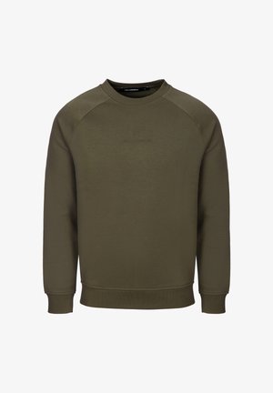 Oliivinvihreä collegepaita, pyöreä pääntie, raglansipot, teksturoitu kangas, hillitty kohopainettu logo rinnassa, resorit hihansuissa ja helmassa.