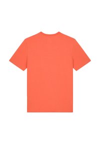 Kurzärmliges T-Shirt in lebhaftem Koralle, aus weicher Baumwolle gefertigt, mit rundem Halsausschnitt und glatter Textur, ohne sichtbare Muster oder Akzente.