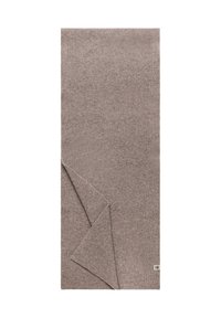 Brown knitted blanket showcasing a soft, textured surface with a reversible design. Features a hemmed edge and small brand label.