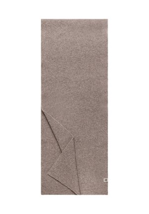 Brown knitted blanket showcasing a soft, textured surface with a reversible design. Features a hemmed edge and small brand label.