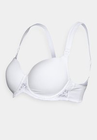 Sutiã branco acolchoado com alças ajustáveis, apresentando detalhes em renda nas copas e laterais. Tecido suave com design sem costuras.