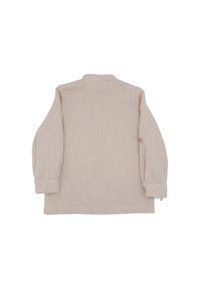 Helles Beige Langarmhemd aus strukturiertem Stoff. Hat umgeschlagene Bündchen, einen Kragen und ein Knopfdetail am Ärmel.