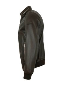 Schwarze Leder-Bomberjacke mit hohem Kragen, gerippten Bündchen und einer Reißverschlusstasche am linken Ärmel. Glatte Textur und schlanker Schnitt.