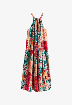 Ärmelloses Maxikleid mit gerafftem Ausschnitt und mehrfarbigem geometrischem und floralen Patchwork-Muster in Rot-, Türkis-, Orange- und Beigetönen.