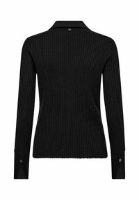 Schwarzer gerippter Pullover mit langen Ärmeln, Kragen und geknöpften Manschetten. Hat eine figurbetonte Passform und eine subtile Textur im gesamten Design.