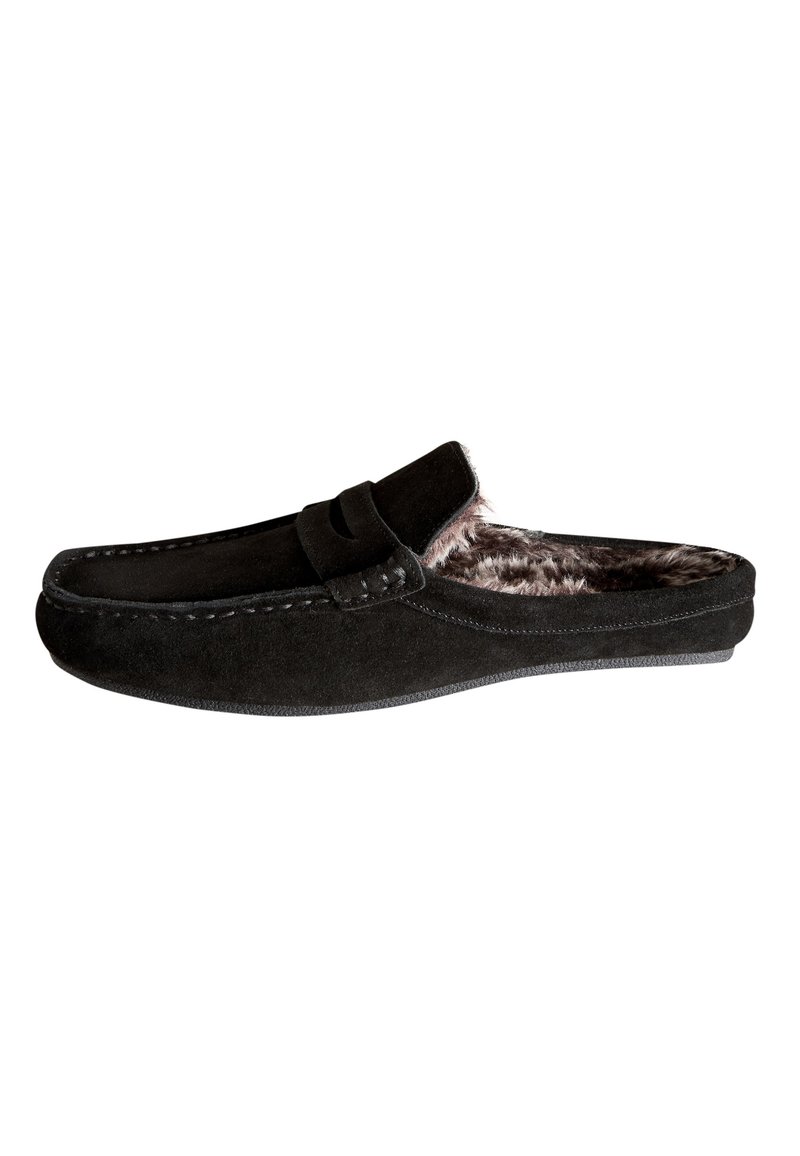 Mocasín sin cordones de ante negro con un forro cálido de piel sintética, costuras detalladas a lo largo de los bordes y una punta suave y redondeada. Suela de goma.