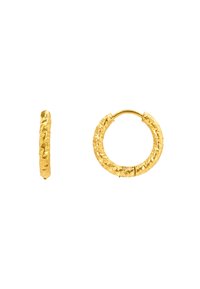Goldene Creolen mit strukturierten Oberflächen, die ein diamantgeschnittenes Muster aufweisen. Die Creolen sind rund und verfügen über einen sicheren Scharnierverschluss.