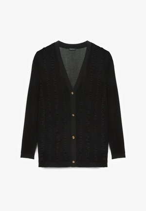 Cardigan nero a maniche lunghe con strisce verticali arricciate e cinque bottoni decorativi dorati sul davanti.