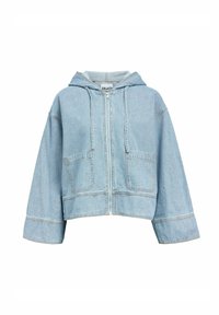 Hellblaues, kurzes Denim-Jackett mit Kapuze, Frontreißverschluss, zwei Fronttaschen und kontrastierenden Steppdetails. Matte Oberfläche.