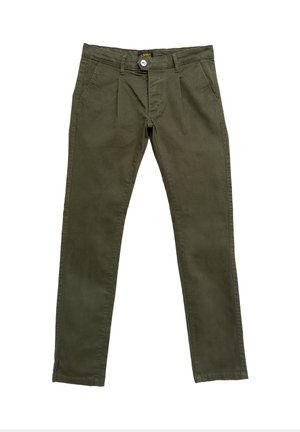 Pantalones verde caqui de algodón, con un diseño plano en la parte delantera, dos bolsillos laterales y un cierre de botón con una cintura con logo.