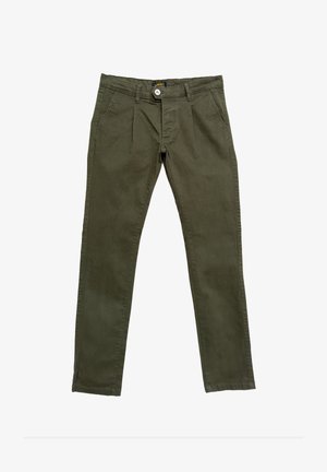Pantalones verde caqui de algodón, con un diseño plano en la parte delantera, dos bolsillos laterales y un cierre de botón con una cintura con logo.