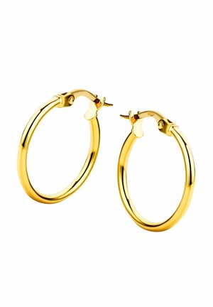Goldene Creolen mit einem glatten, abgerundeten Design und einem sicheren Verschluss. Sie verfügen über eine polierte Oberfläche und eine schlichte Hauptstruktur.