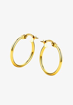 Goldene Creolen mit einem glatten, abgerundeten Design und einem sicheren Verschluss. Sie verfügen über eine polierte Oberfläche und eine schlichte Hauptstruktur.