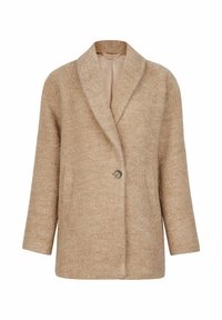 Beige ullblandning kappa med en mjuk textur, notchad krage, enkel knappstängning och skräddarsydd, boxigt passform. Långa ärmar och minimalistiska detaljer.