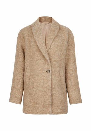 Beige uldblandingsfrakke med en blød tekstur, notch-krave, enkelt knaplukning og skræddersyet boxy pasform. Lange ærmer og minimale detaljer.