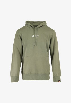Olijfgroene hoodie van zachte stof, met een kangoeroezak, ribgebreide manchetten en een logo in het wit op de borst gedrukt.