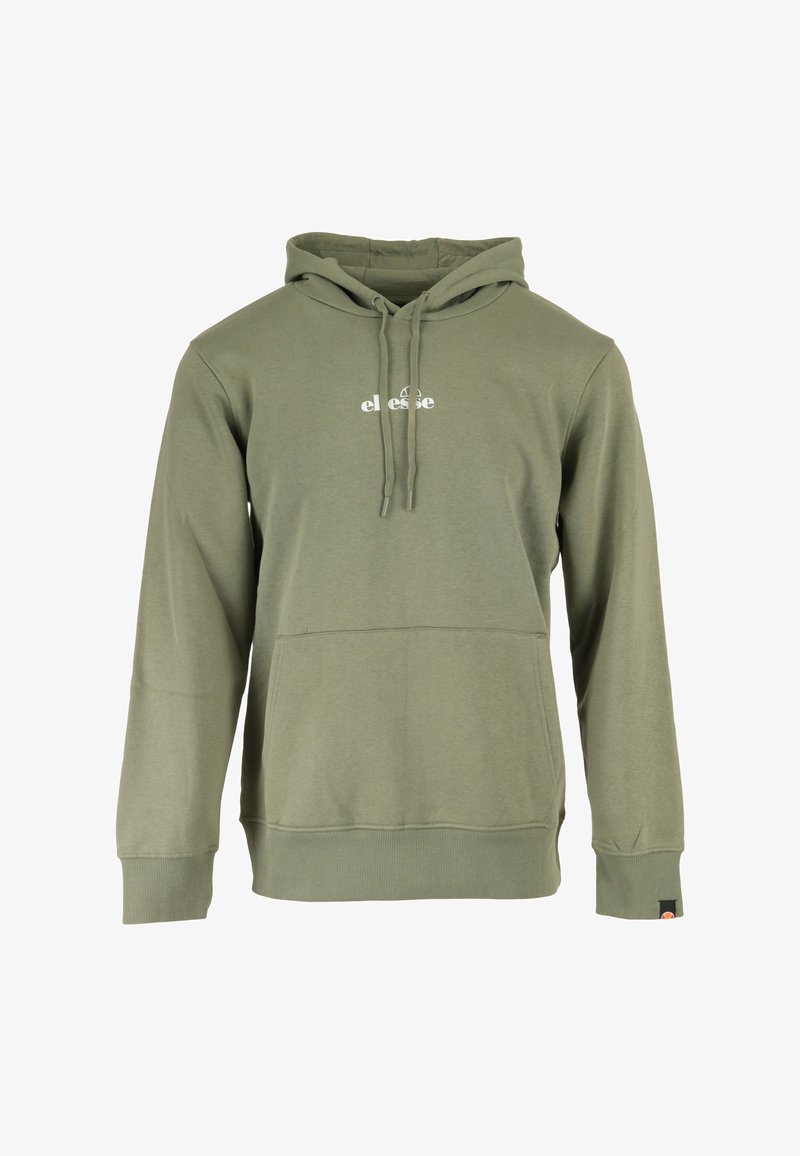 Olijfgroene hoodie van zachte stof, met een kangoeroezak, ribgebreide manchetten en een logo in het wit op de borst gedrukt.
