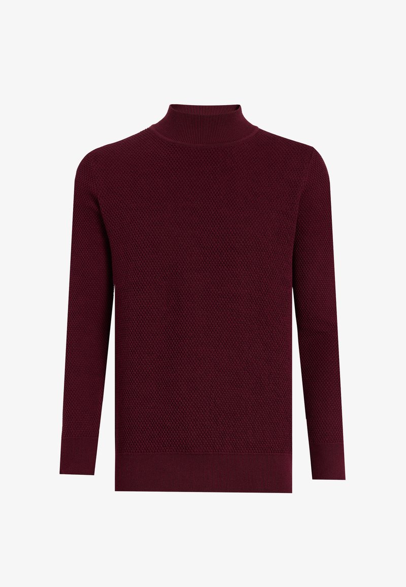 Pull à col roulé en maille texturée rouge foncé, manches longues et poignets et ourlet côtelés, montré sur fond blanc.