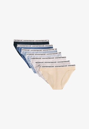 Sept culottes bikini pour femmes en bleu marine, bleu, bleu clair, gris, blanc et beige, chacune avec une ceinture de marque indiquant "women'secret."