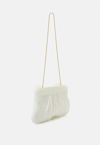 White pleated handbag with a gold chain strap, featuring a textured fabric and a rounded shape, accented by a smooth top trim.