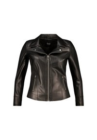 Veste en cuir noir au design ajusté, avec col pointu, fermeture éclair frontale asymétrique et poches zippées. Texture lisse et silhouette cintrée.