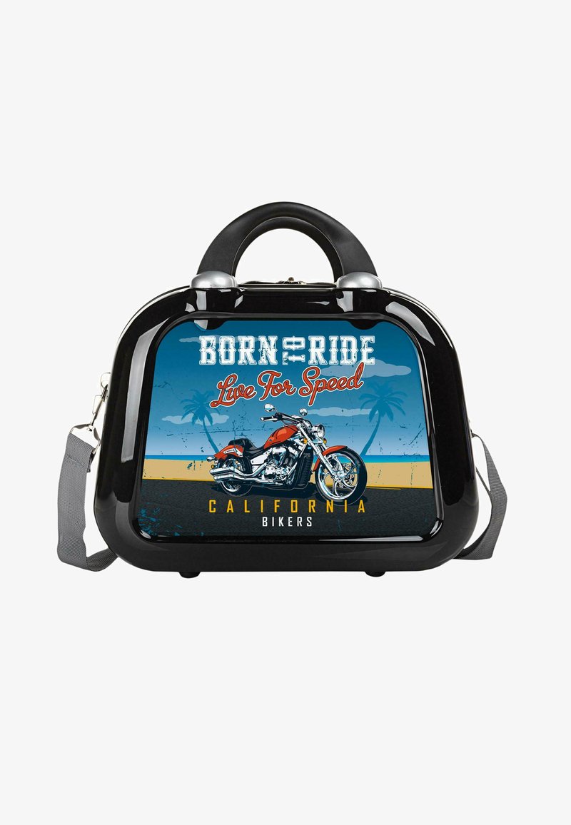 Bolso negro de estilo retro con acabado brillante, que presenta un gráfico de motocicleta y el texto "Nacido para montar, vivir para la velocidad." Correa de hombro removible.