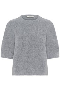 Maglione a maniche corte di colore grigio chiaro con scollo rotondo, realizzato in tessuto morbido e strutturato, caratterizzato da una vestibilità comoda e polsini a coste.