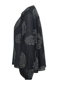 Mustast kangast pluus halli paisleymustriga. Omadusteks on pikad varrukad, lõdvaistme ja ümar kaelus. Tekstuuriga, õhuke materjal.