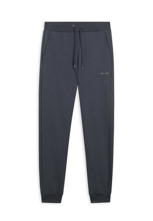 Pantaloni jogger a gamba affusolata grigio scuro con vita elasticizzata, cordino, tasche frontali e piccolo logo sulla coscia sinistra.