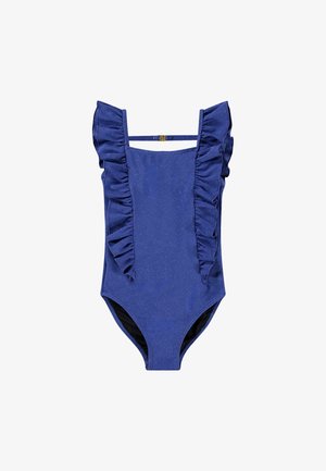 Blaue Bademode mit Rüschenträgern, strukturiertem Stoff, hohen Beinausschnitten und einfarbigem Design. Der Rücken hat einen einfachen Riemen und einen Verschluss.