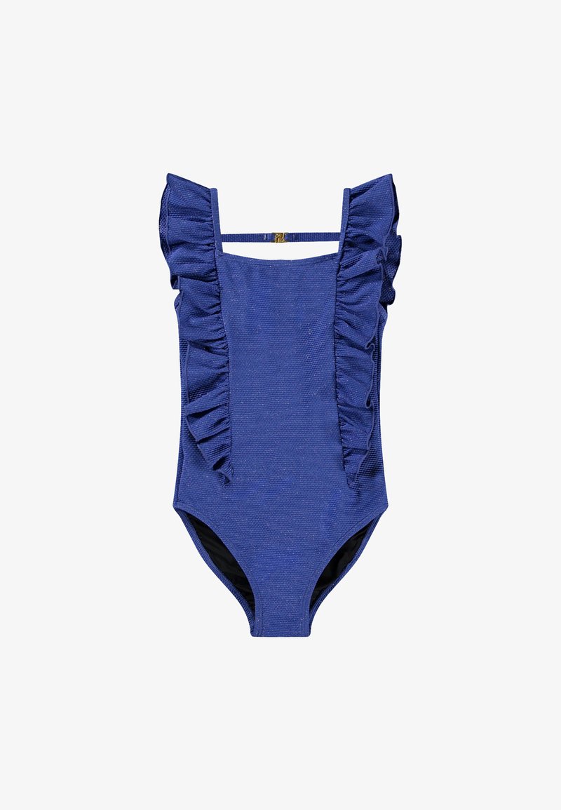 Blauwe badpak met geraffineerde schouderbanden, textuurstof, hoge uitsnijdingen aan de zijkanten en een effen kleur ontwerp. De achterkant bevat een eenvoudige band en haaksluiting.