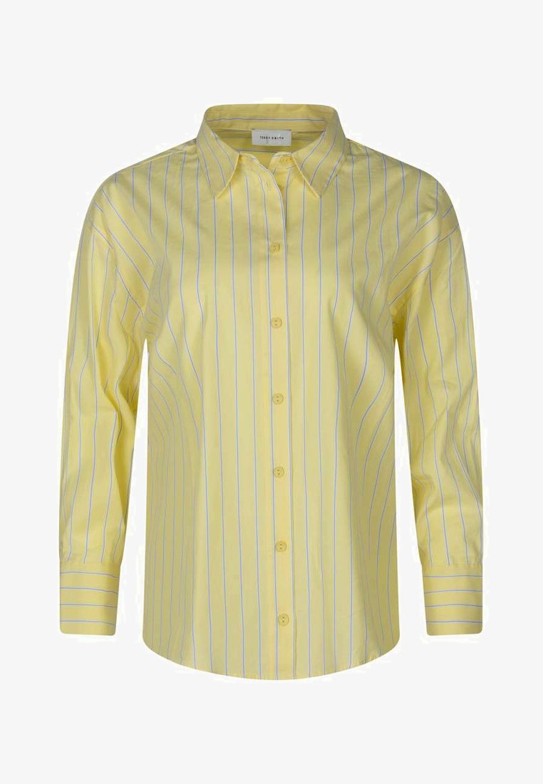Chemise jaune à manches longues avec boutons, ornée de fines rayures verticales bleues et dotée d'un col classique.