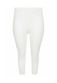 Leggins blancos de longitud hasta el tobillo con una cinturilla elástica, dos bolsillos traseros y una textura suave y elástica. Sin bolsillos frontales.