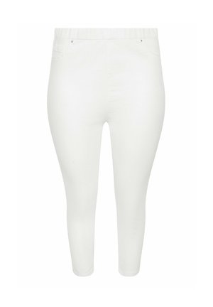 White ankle-length leggings with an elastic waistband, two back pockets, and a smooth, stretchy texture. No front pockets.
