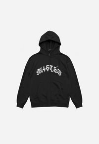 Sudadera con cremallera negra hecha de tela de algodón. Presenta un gran texto gráfico en blanco "WASTED" en una fuente estilizada a lo largo del pecho.