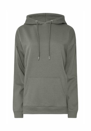 Gekapuurde sweatshirt in olijfgroen, gemaakt van een katoenmix. Beschikt over een voorzak, een capuchon met trekkoord en ribgebreide mouwen en zoom.