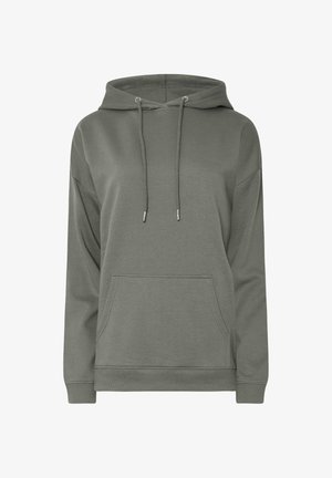 Felpa con cappuccio in verde oliva, realizzata in misto cotone. Presenta una tasca a marsupio frontale, cappuccio con cordino e polsini e orlo a costine.