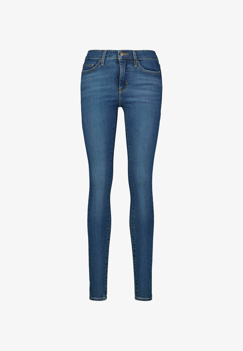 Hubené džíny z tmavě modrého denimu, s klasickým designem pěti kapes, zapínáním na knoflík a jemným vyblednutím na stehnech.