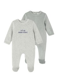Zwei Babystrampler: einer in melierter Grau mit Text und einer in zartem Grün mit ribbed Textur. Beide haben lange Ärmel und einen Fußdesign.
