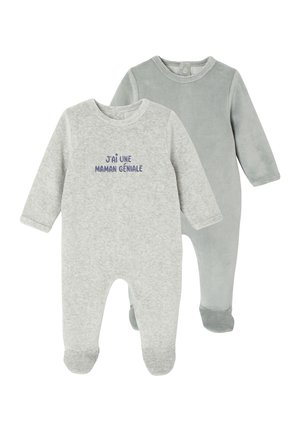 Zwei Babystrampler: einer in melierter Grau mit Text und einer in zartem Grün mit ribbed Textur. Beide haben lange Ärmel und einen Fußdesign.