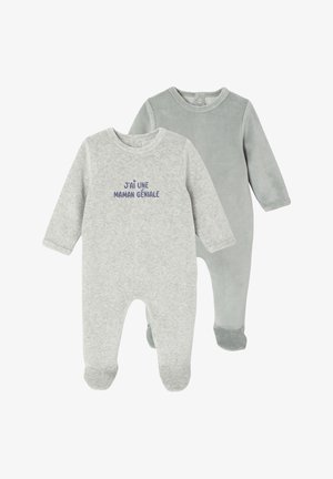 Zwei Babystrampler: einer in melierter Grau mit Text und einer in zartem Grün mit ribbed Textur. Beide haben lange Ärmel und einen Fußdesign.