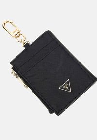 Portafoglio nero realizzato in materiale testurizzato, dotato di zip, hardware dorato e un accento con logo triangolare nella parte anteriore.